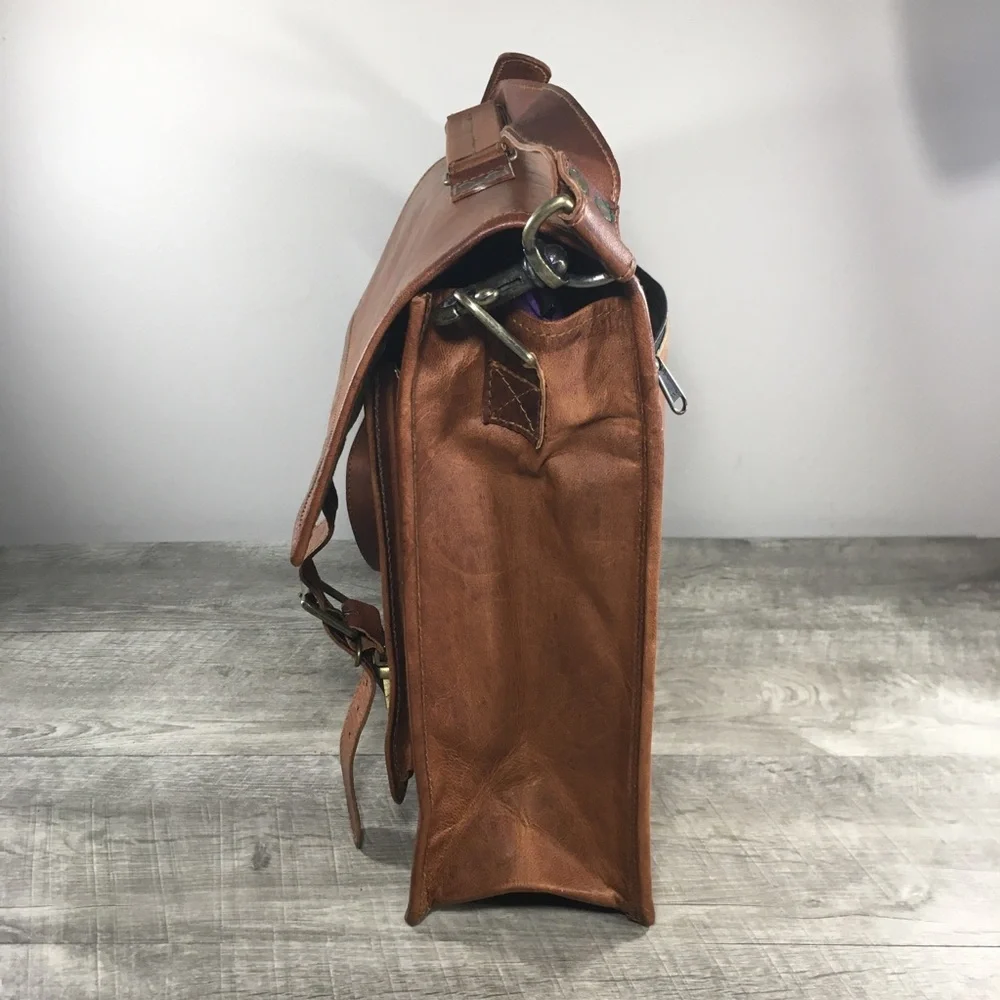 Vtg Waxed Leather Brown School Messenger Briefcase Shoulder Bag Computer Laptop